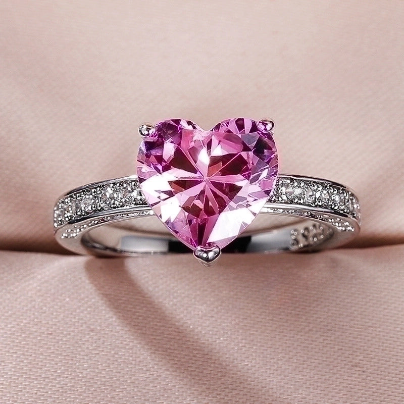 New Wedding Rings Inlaid With Aaa Heart-Shaped Pink Diamond Zircon Copper Ring
