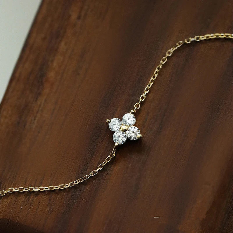 Women Flower Petal Clover Zircon Diamond Inlay Anklet