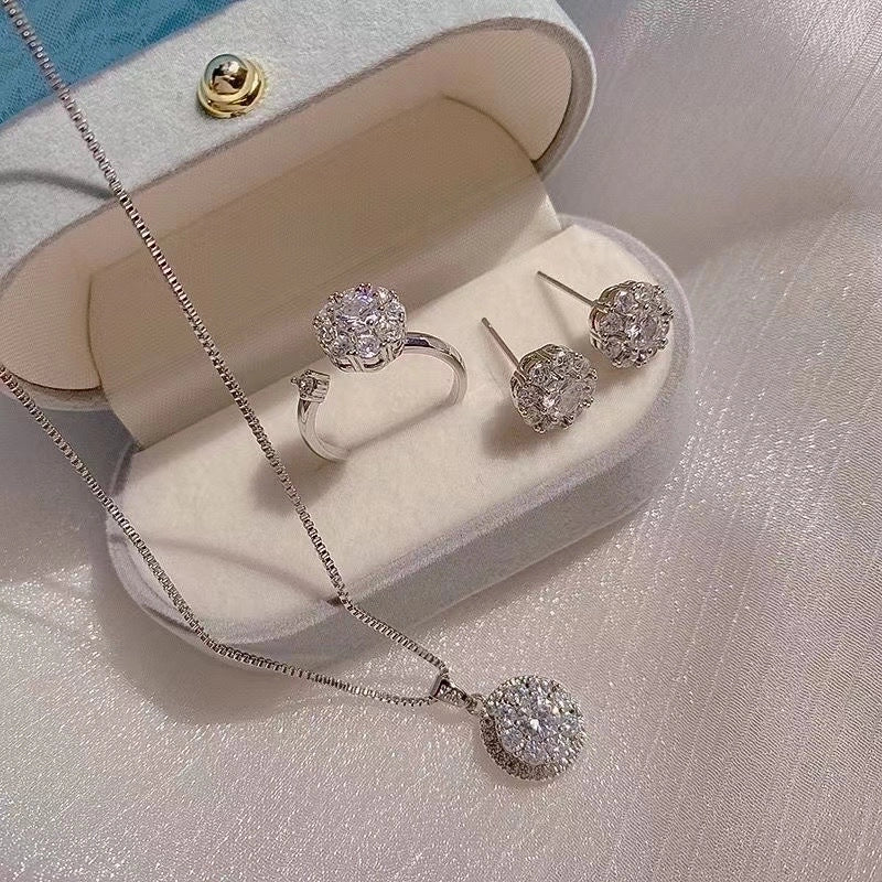 Solid Color Titanium Steel Inlay Zircon Rings Earrings Necklace