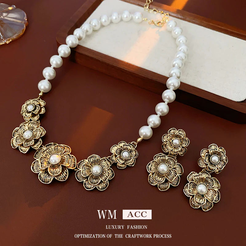 Luxurious Flower Plant Artificial Pearl Electroplating Jewelry Sets