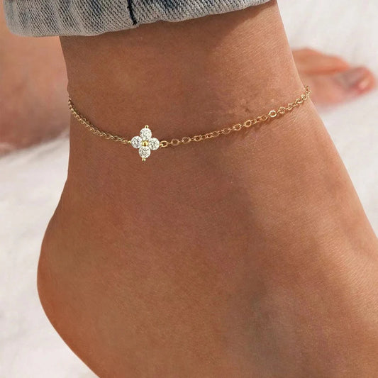Women Flower Petal Clover Zircon Diamond Inlay Anklet