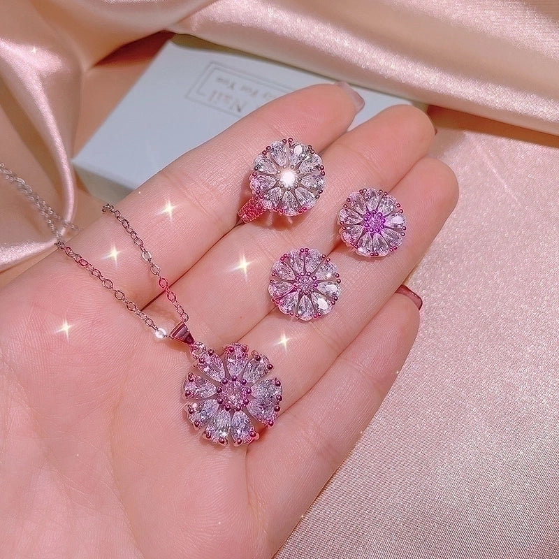 Flower Titanium Inlay Zircon Rings Earrings Necklace