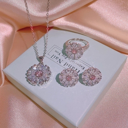 Flower Titanium Inlay Zircon Rings Earrings Necklace