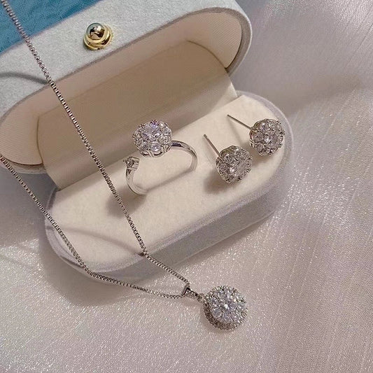 Solid Color Titanium Steel Inlay Zircon Rings Earrings Necklace