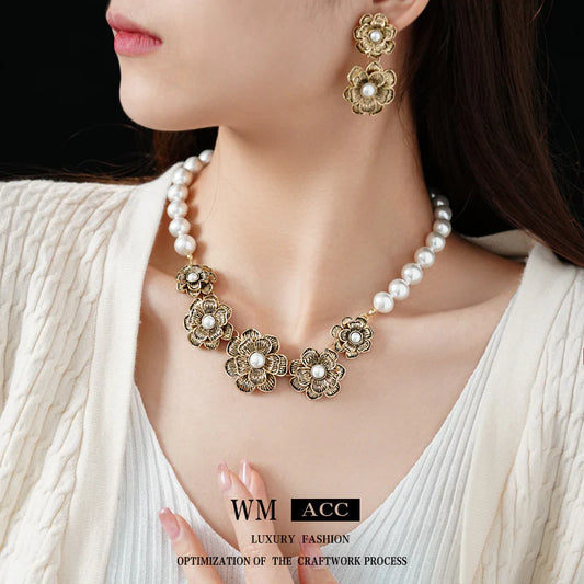 Luxurious Flower Plant Artificial Pearl Electroplating Jewelry Sets