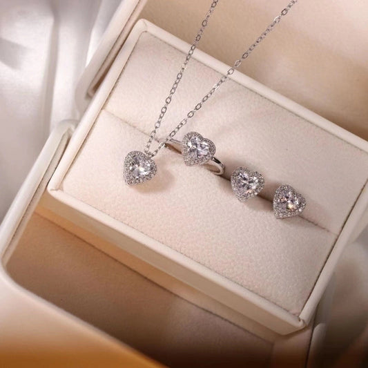 Heart Shape Titanium Steel Inlay Zircon Rings Earrings Necklace