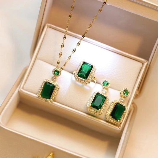 Ethnic Style Square Titanium Steel Inlay Zircon Rings Earrings Necklace