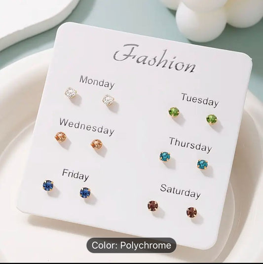 Set of 6 pairs of stylish and simple small stud earrings with rhinestones